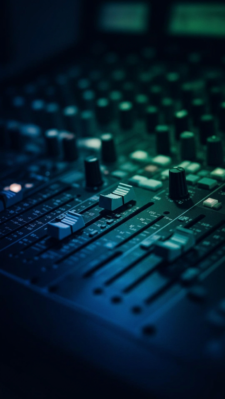 Detalhe de console usado em operação de áudio profissional